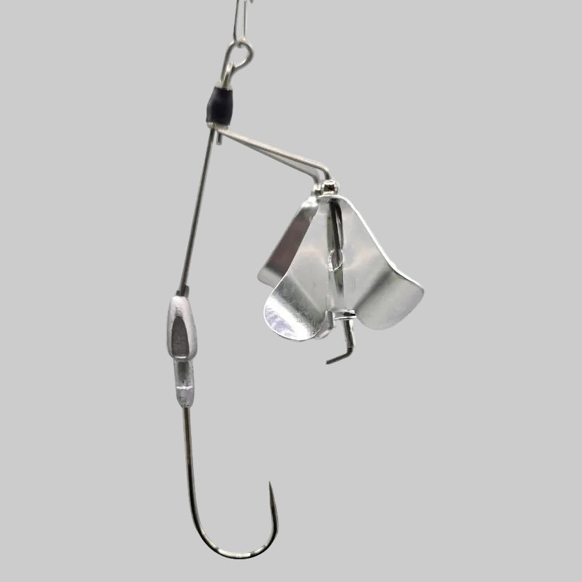Brazalo Custom Lures Deuce Whacker double blade buzzbait for topwater bass fishing with soft plastic trailers - Silver - Side View