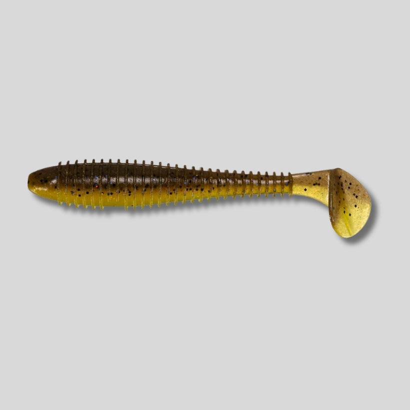 Keitech Swing Impact FAT paddle tail swimbait in 2.8, 3.3, and 3.8 inch sizes featuring a thick body, lifelike swimming action, and squid scent for bass fishing.