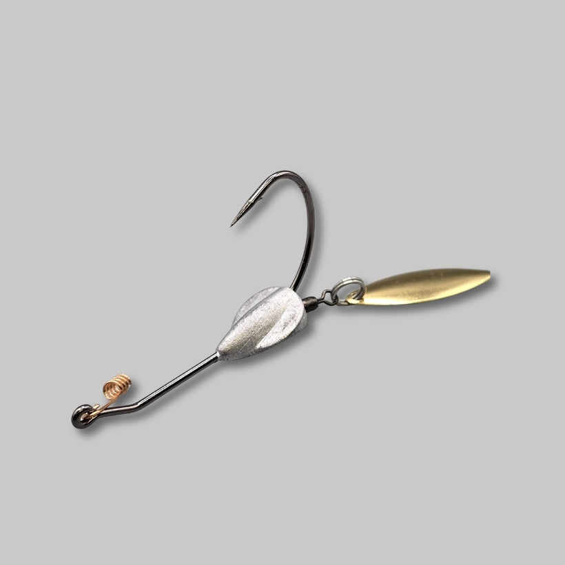 BF Whacker belly weighted underspin rigged with a swimbait and willow blade