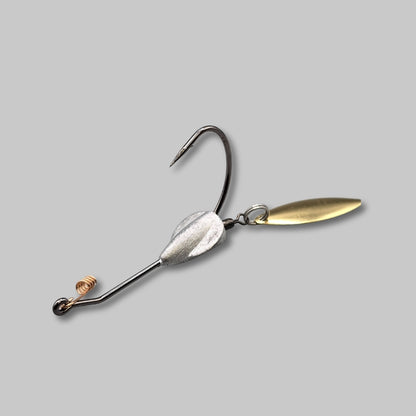 BF Whacker belly weighted underspin rigged with a swimbait and willow blade