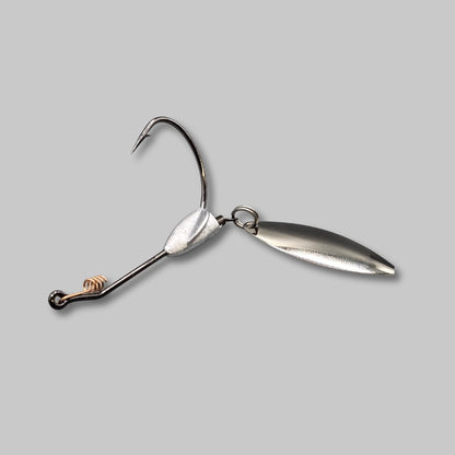 BF Whacker belly weighted underspin rigged with a swimbait and willow blade