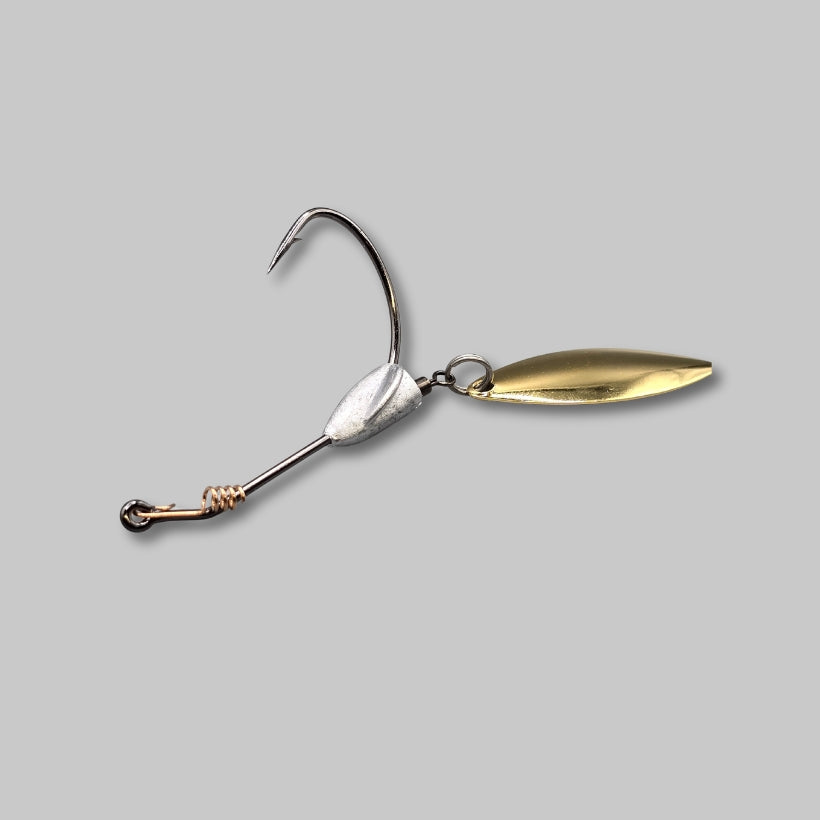 BF Whacker belly weighted underspin rigged with a swimbait and willow blade