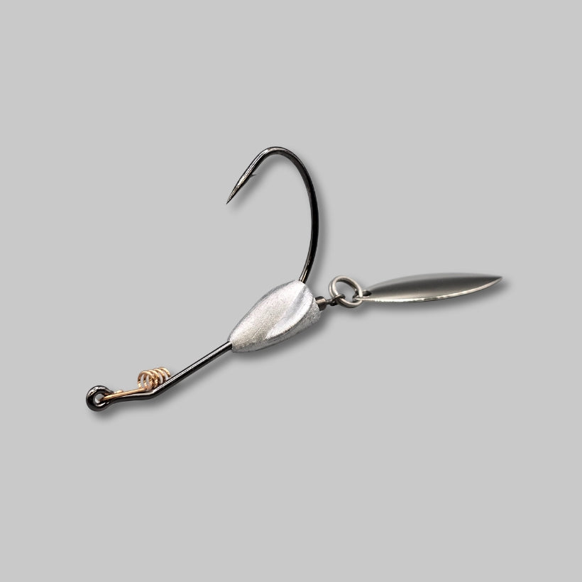 BF Whacker belly weighted underspin rigged with a swimbait and willow blade