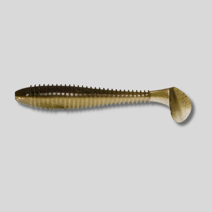 Keitech Swing Impact FAT paddle tail swimbait in 2.8, 3.3, and 3.8 inch sizes featuring a thick body, lifelike swimming action, and squid scent for bass fishing.