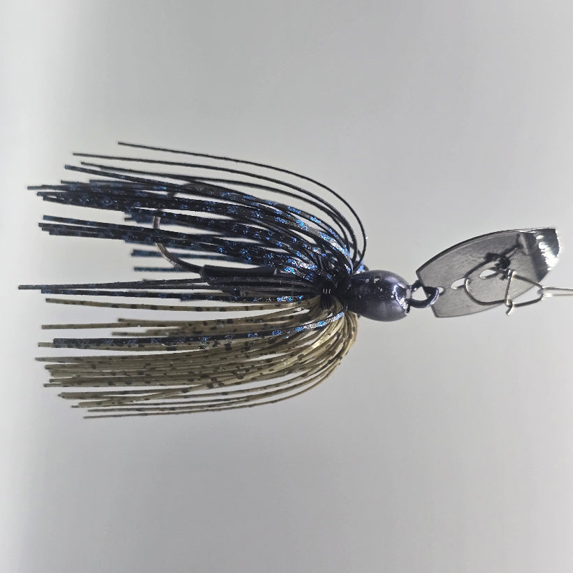 James Niggemeyer Brazalo Strutter JR Bladed Jig with hand-selected colors and compact profile for bass fishing - Black Blue and Green Pumpkin