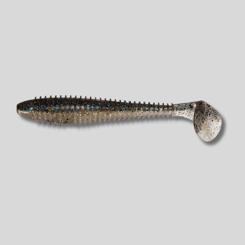 Keitech Swing Impact FAT paddle tail swimbait in 2.8, 3.3, and 3.8 inch sizes featuring a thick body, lifelike swimming action, and squid scent for bass fishing.