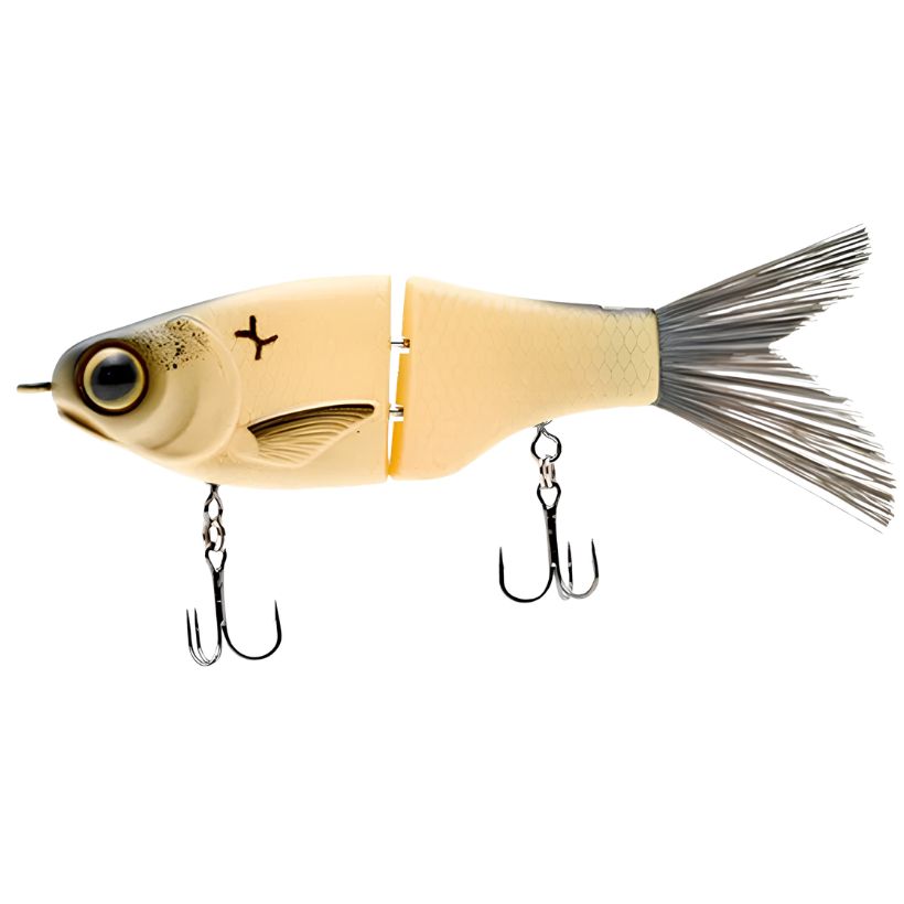 SPRO KGB Lil Guy 120mm jointed glide bait with brush tail and swivel hook hangers for bass fishing - Bone
