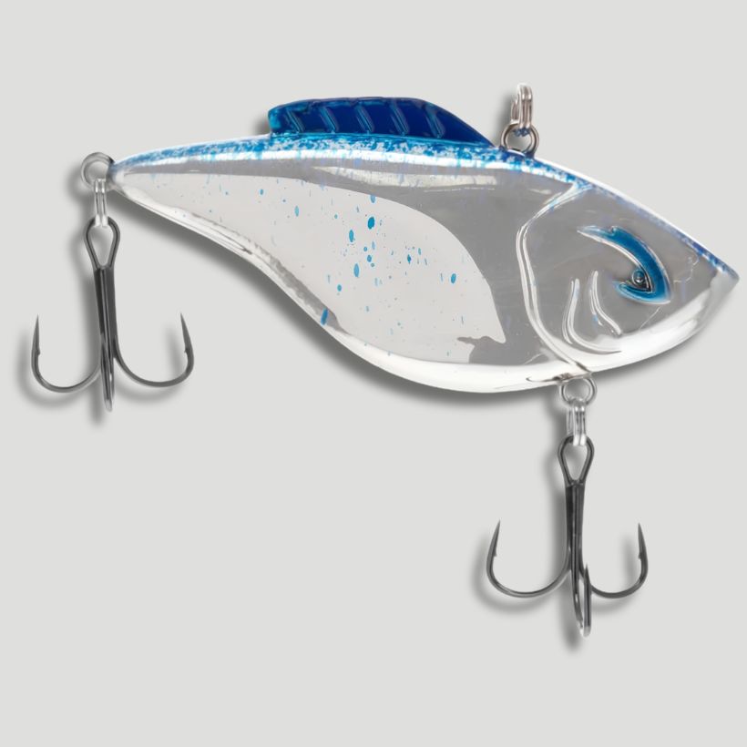 Chrome Blue Splatter Back - Bill Lewis Hammer-Trap 3 inch 5/8 oz lipless crankbait with Tri-Tone sound chambers and Mustad Triple Grip hooks for bass fishing