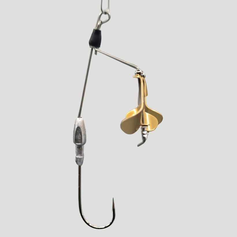 Brazalo Custom Lures Deuce Whacker double blade buzzbait for topwater bass fishing with soft plastic trailers - Gold - Side View