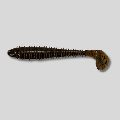 Keitech Swing Impact FAT paddle tail swimbait in 2.8, 3.3, and 3.8 inch sizes featuring a thick body, lifelike swimming action, and squid scent for bass fishing.