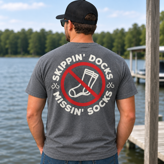 Hunter Baughman Skippin' Docks and Missin' Socks graphic T-shirt by Brazalo
