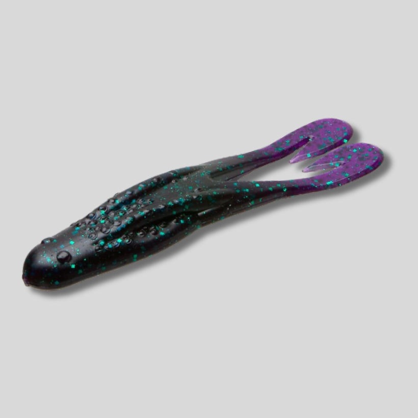 Zoom Horny Toad 4.25-inch soft plastic topwater frog bait with Ultra-Vibe kicking legs designed for weedless bass fishing over grass and lily pads.