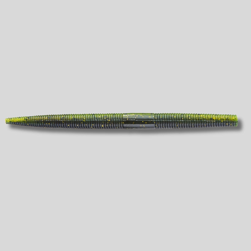 YUM Dinger 5-inch soft plastic stick worm 8 pack featuring a heavily salted body and natural horizontal fall for bass fishing.