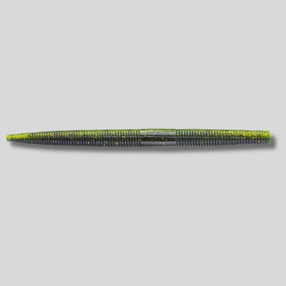 YUM Dinger 5-inch soft plastic stick worm 8 pack featuring a heavily salted body and natural horizontal fall for bass fishing.