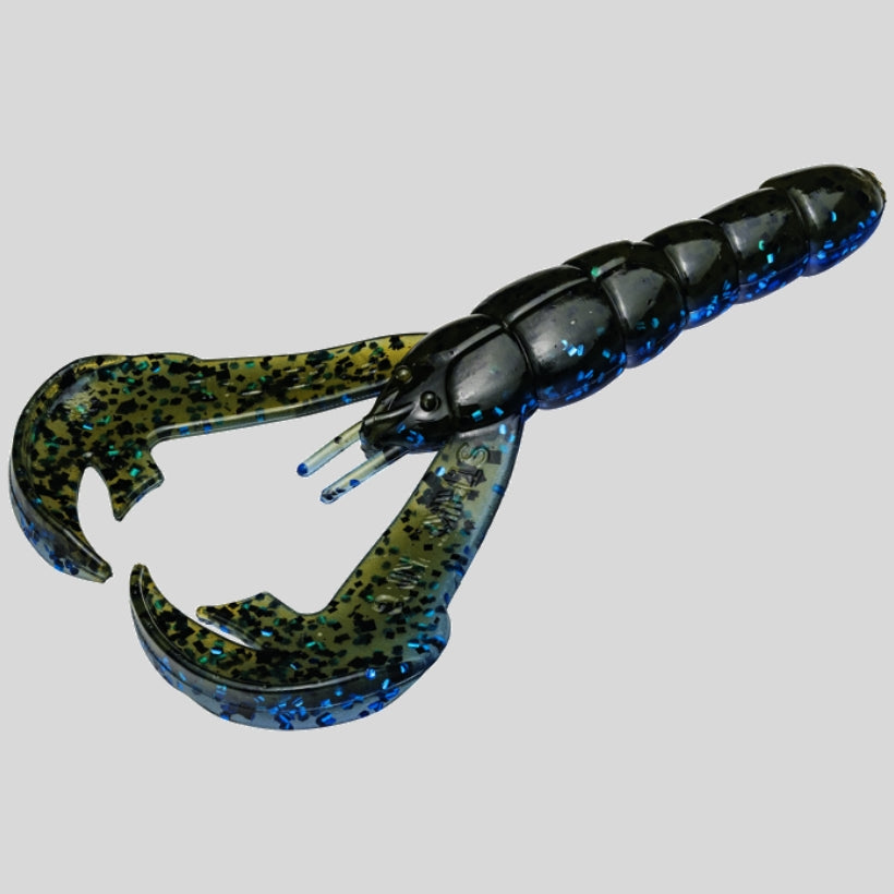 Strike King Rage Craw 4 inch soft plastic craw bait for bass fishing rigged as a Texas rig and jig trailer