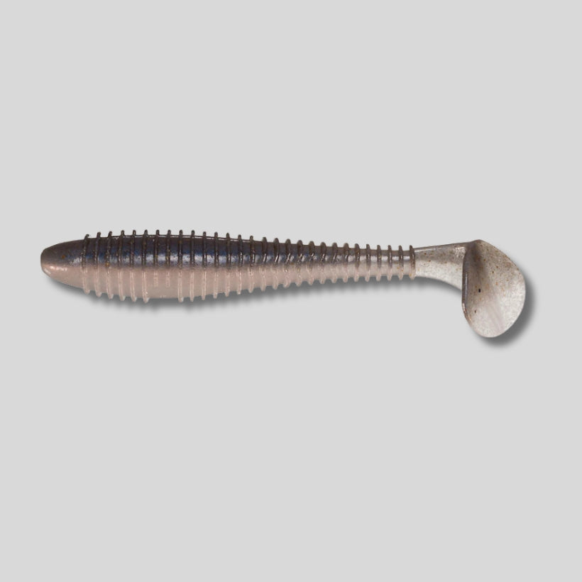 Keitech Swing Impact FAT paddle tail swimbait in 2.8, 3.3, and 3.8 inch sizes featuring a thick body, lifelike swimming action, and squid scent for bass fishing.