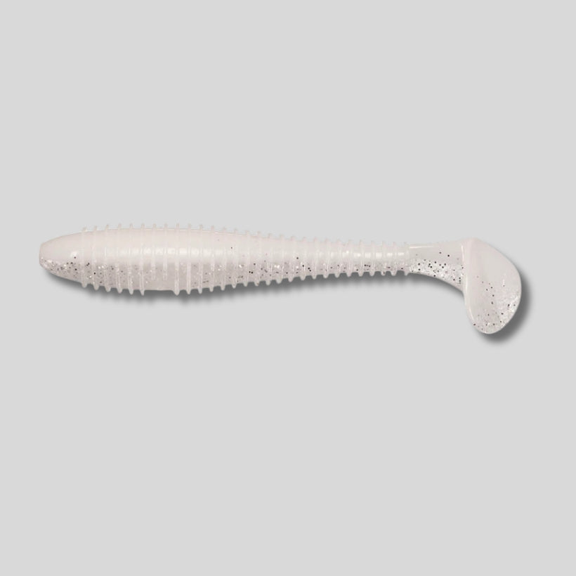 Keitech Swing Impact FAT paddle tail swimbait in 2.8, 3.3, and 3.8 inch sizes featuring a thick body, lifelike swimming action, and squid scent for bass fishing.