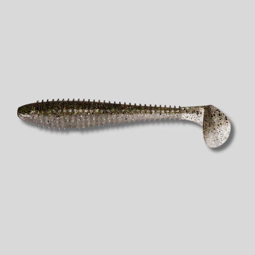 Keitech Swing Impact FAT paddle tail swimbait in 2.8, 3.3, and 3.8 inch sizes featuring a thick body, lifelike swimming action, and squid scent for bass fishing.