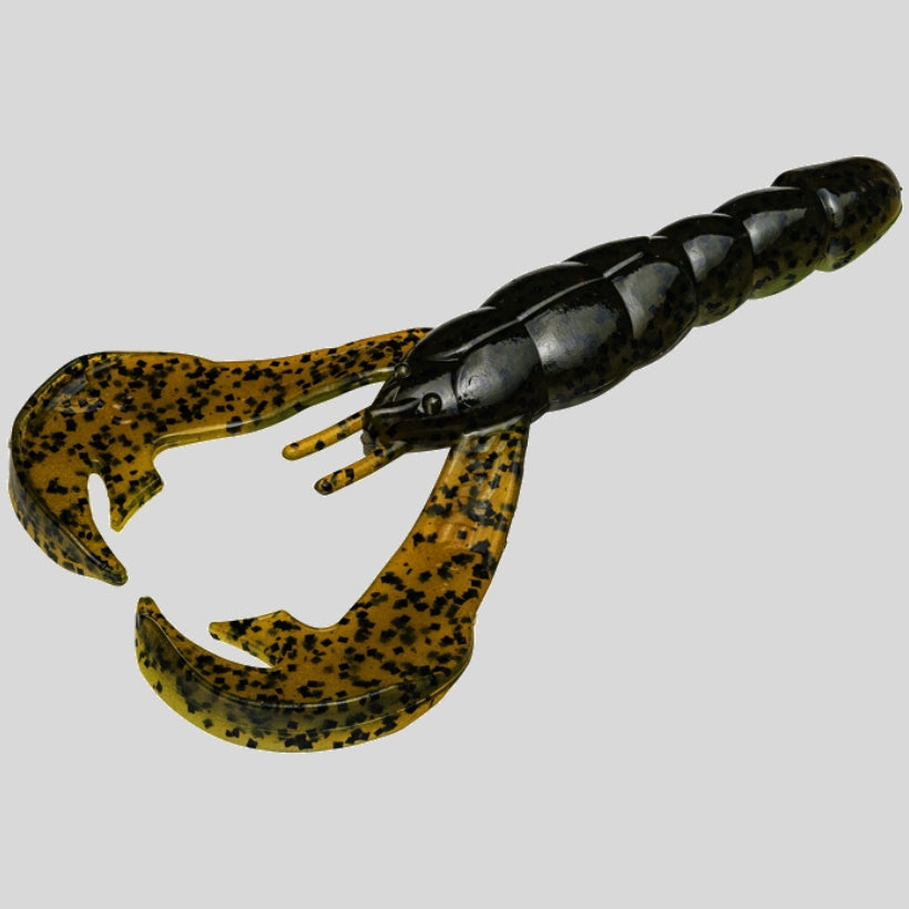 Strike King Rage Craw 4 inch soft plastic craw bait for bass fishing rigged as a Texas rig and jig trailer