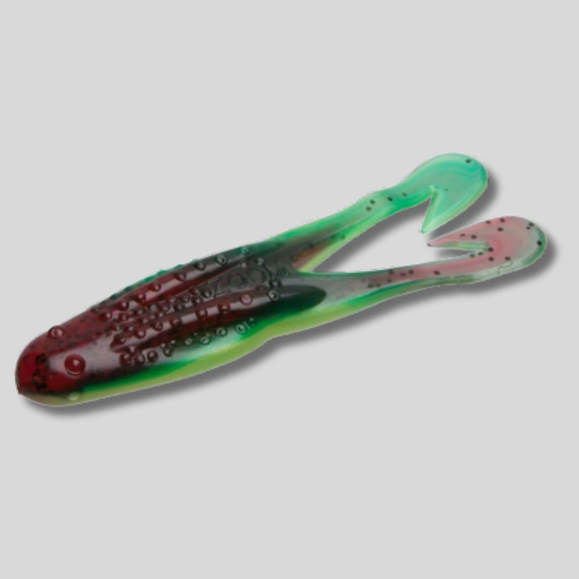 Zoom Horny Toad 4.25-inch soft plastic topwater frog bait with Ultra-Vibe kicking legs designed for weedless bass fishing over grass and lily pads.