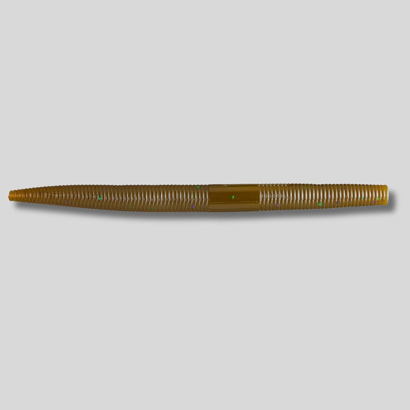 YUM Dinger 5-inch soft plastic stick worm 8 pack featuring a heavily salted body and natural horizontal fall for bass fishing.