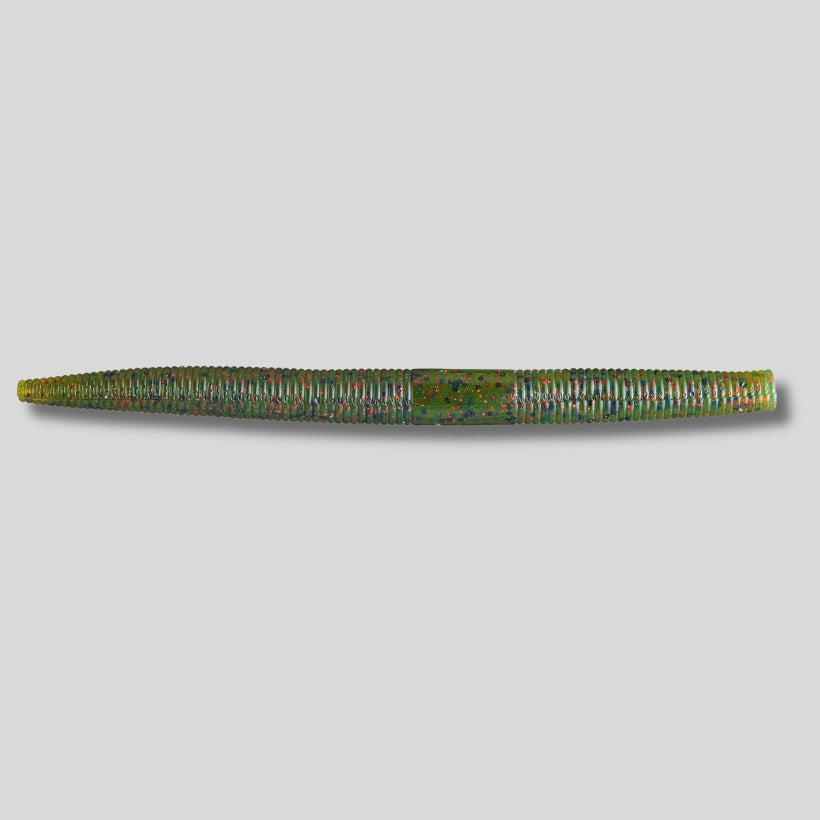 YUM Dinger 5-inch soft plastic stick worm 8 pack featuring a heavily salted body and natural horizontal fall for bass fishing.