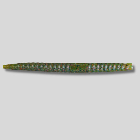YUM Dinger 5-inch soft plastic stick worm 8 pack featuring a heavily salted body and natural horizontal fall for bass fishing.