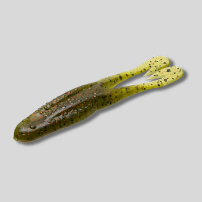 Zoom Horny Toad 4.25-inch soft plastic topwater frog bait with Ultra-Vibe kicking legs designed for weedless bass fishing over grass and lily pads.
