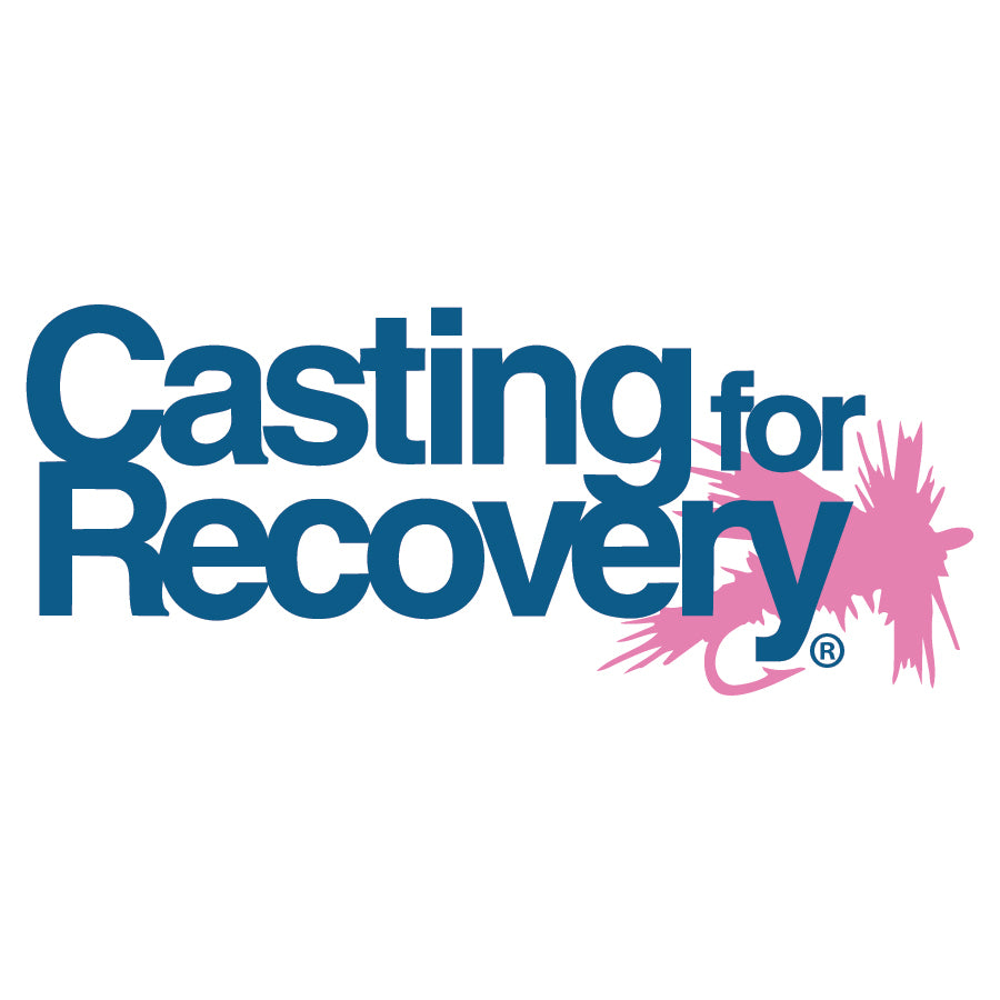 The logo for 'Casting for Recovery' features the words 'Casting for Recovery' in a bold blue sans-serif font, overlaid with a pink paint splatter graphic on the right side, all set against a solid white background.