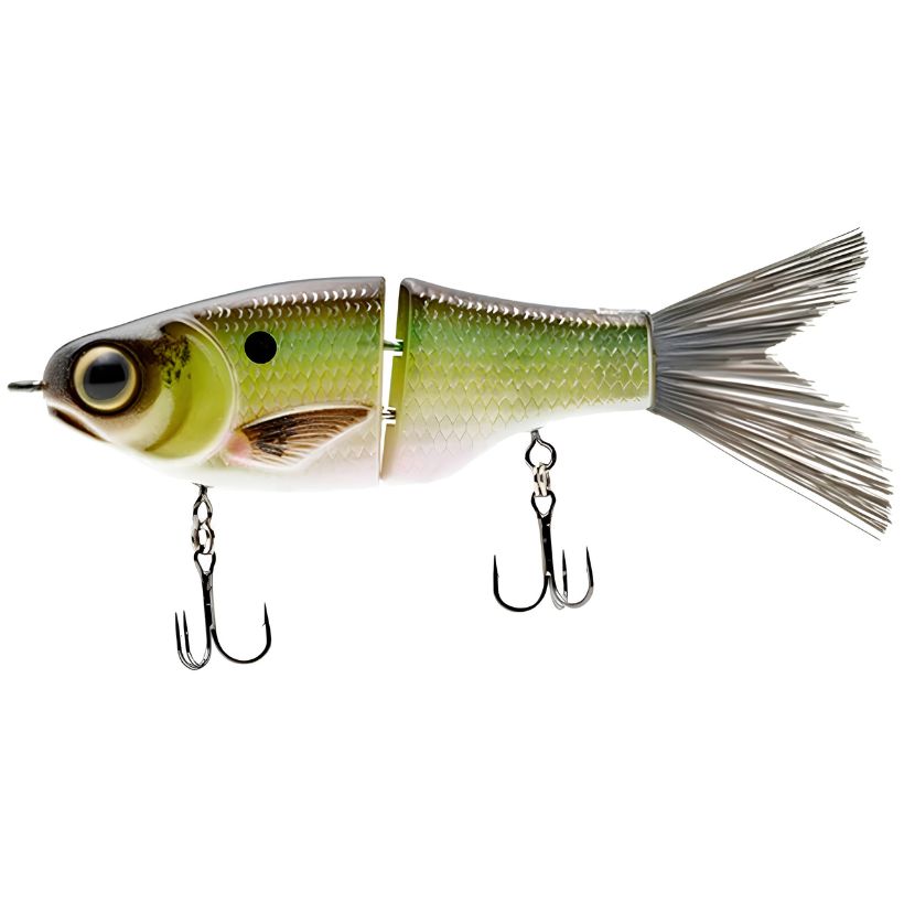 SPRO KGB Lil Guy 120mm jointed glide bait with brush tail and swivel hook hangers for bass fishing - Grand Shad
